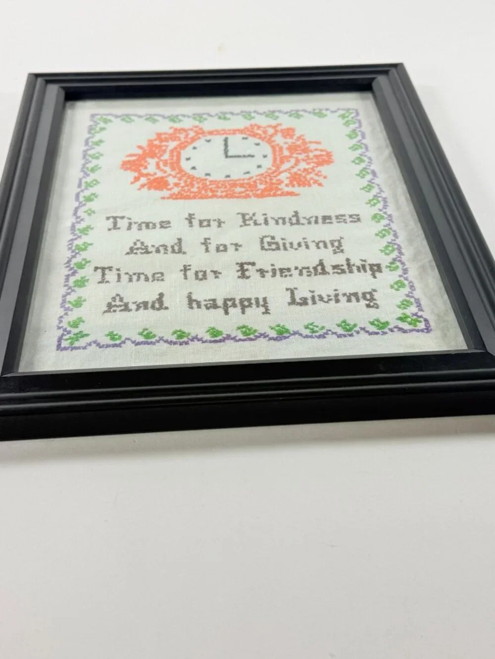 Vintage Handmade Cross Stitch Art Time For Kindness In Wooden Frame 15x12